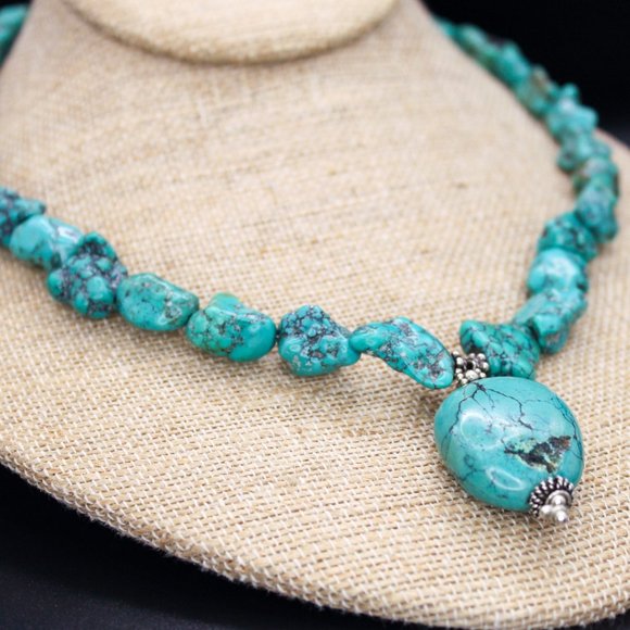 Turquoise Pendant Chunky Nugget Beaded Vintage Necklace Silver Clasp Findings - Picture 8 of 14
